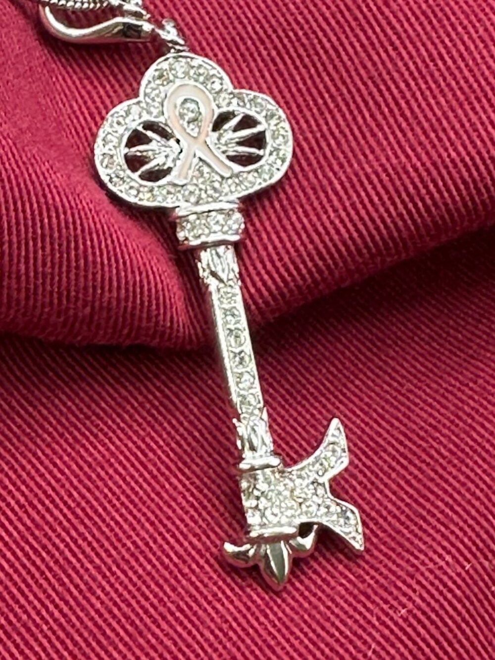 KJL Kenneth Jay Lane Key Necklace – Crystal Pave & Breast Cancer Awareness Ribbo